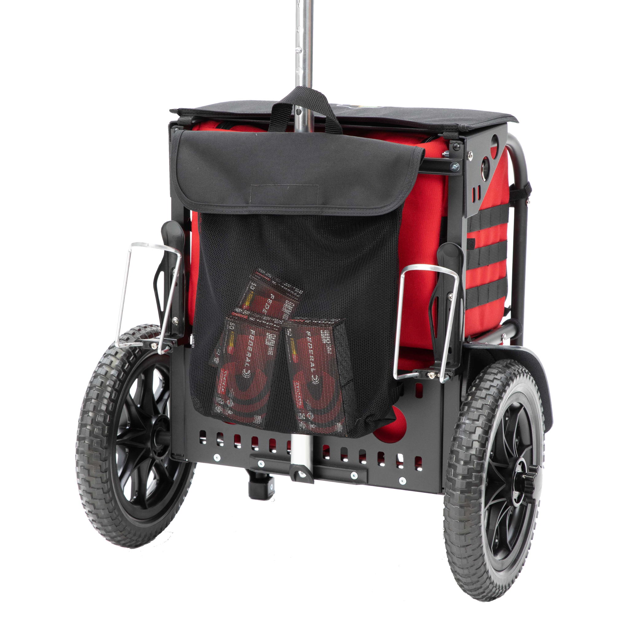 Drop bag displayed on the back of S3 Range Cart holding amo boxes