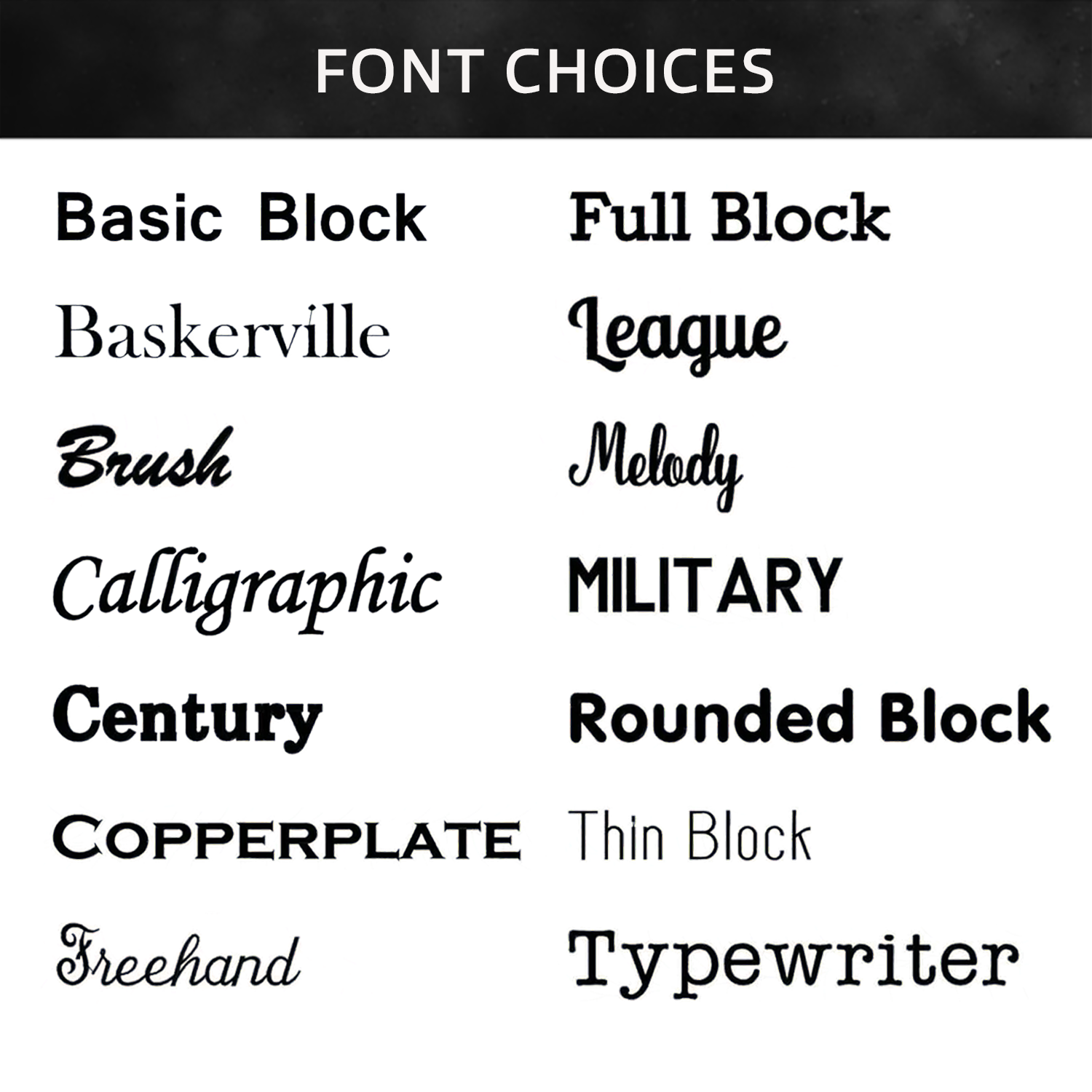 Various font styles listed