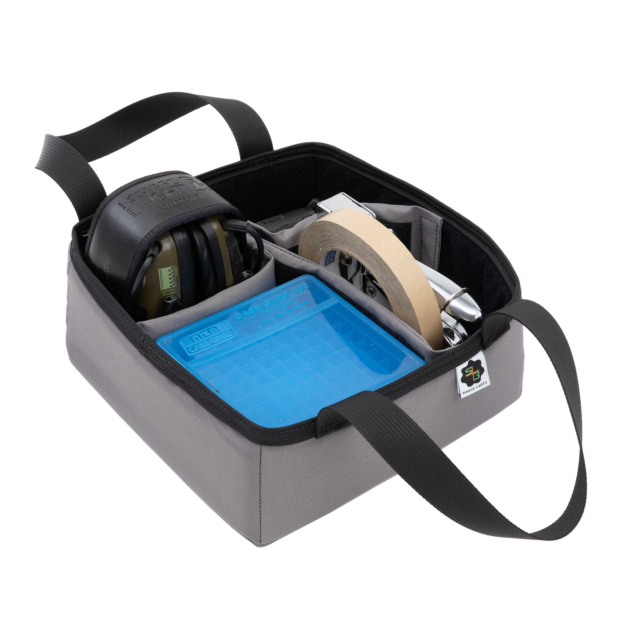 Shooting Cart Organizer for S3 Range Cart System displayed with tape, ear muffs and miscellaneous supplies