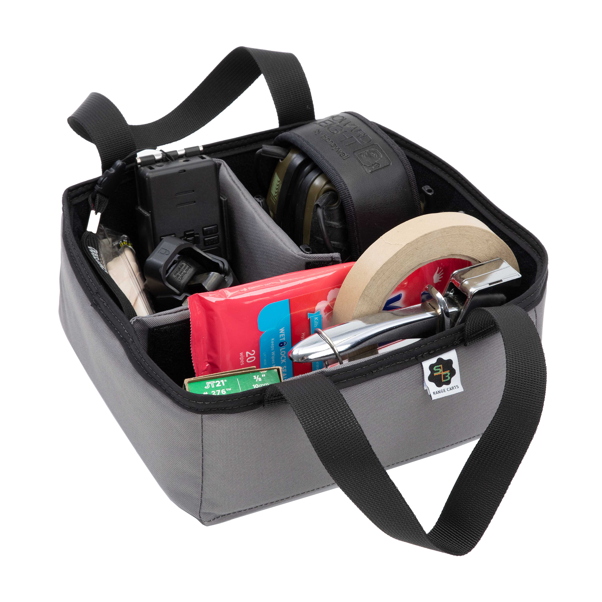 Shooting Cart Organizer for S3 Range Cart System displayed with tape, ear muffs and miscellaneous supplies