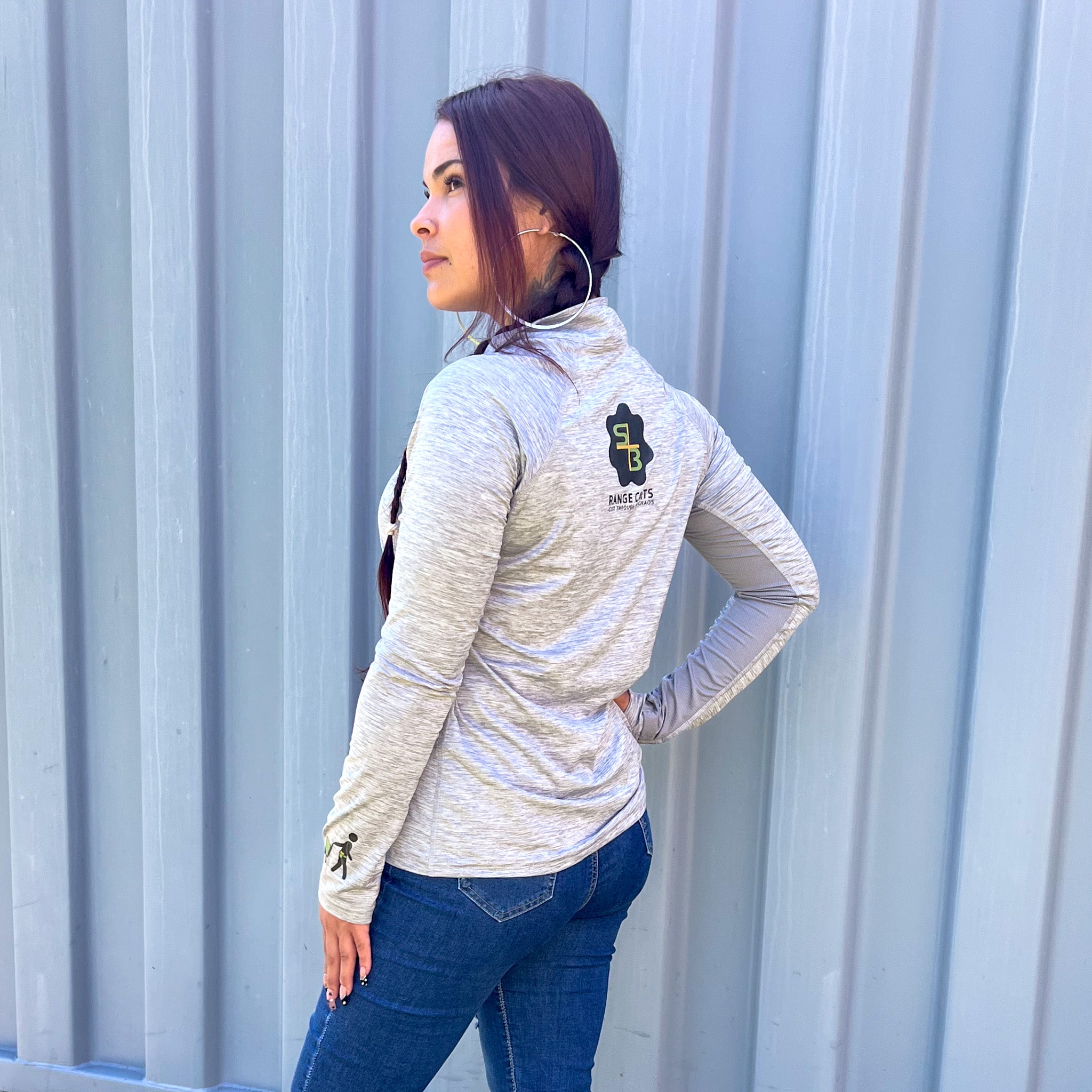 Women's 1/2 Zip Pullover in gray displayed on model, back view