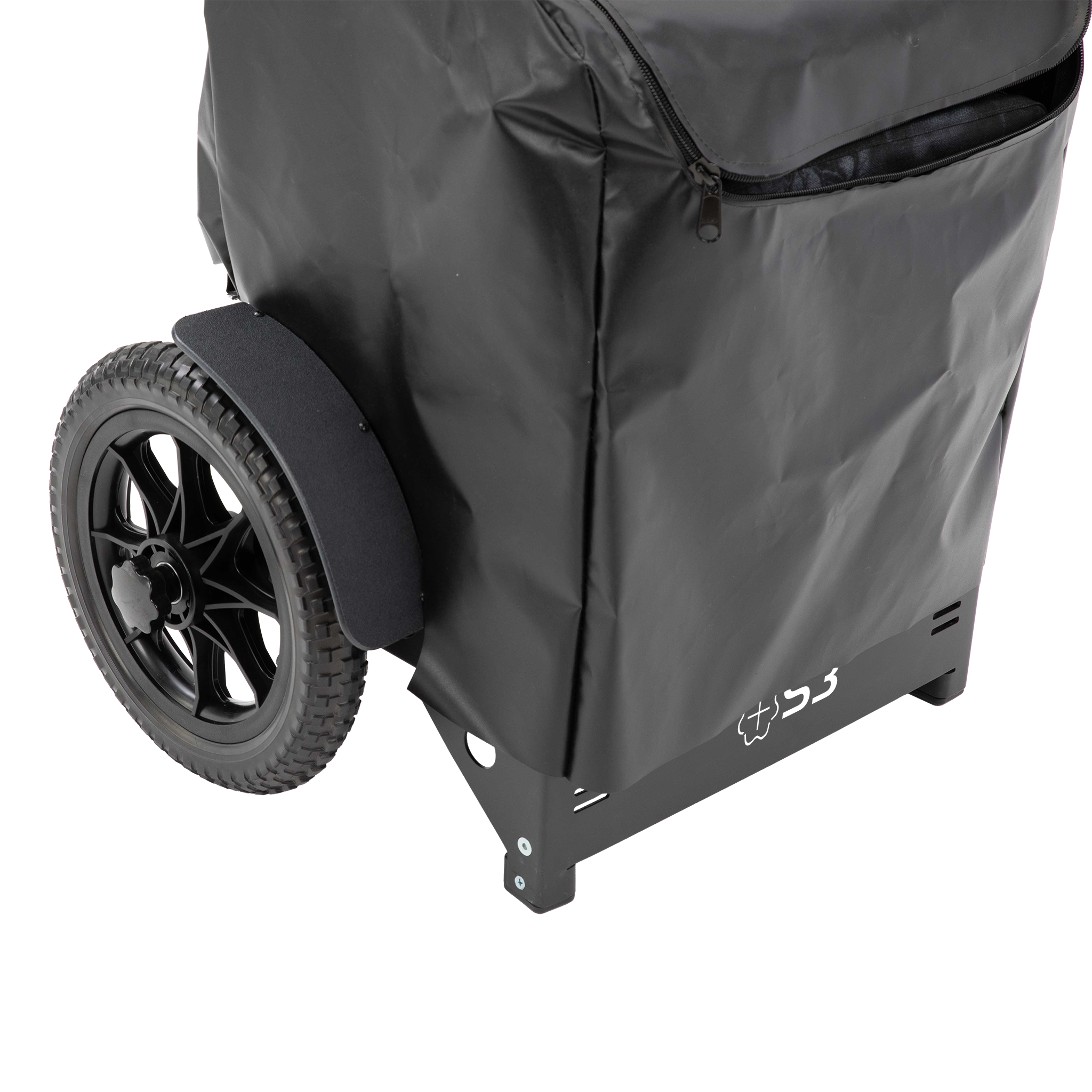 Protective Rain Cover shown over top the S3 Shooting Cart showing close up of snug fit against fender