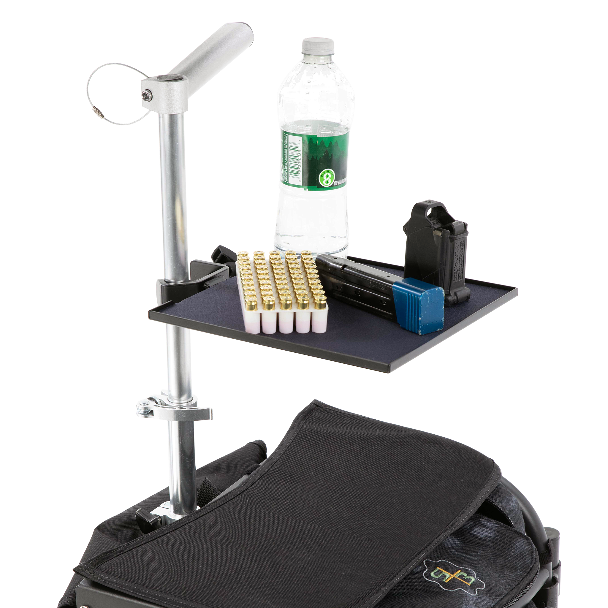 S3 Range Cart Table holding magazine, ammo, and water bottle