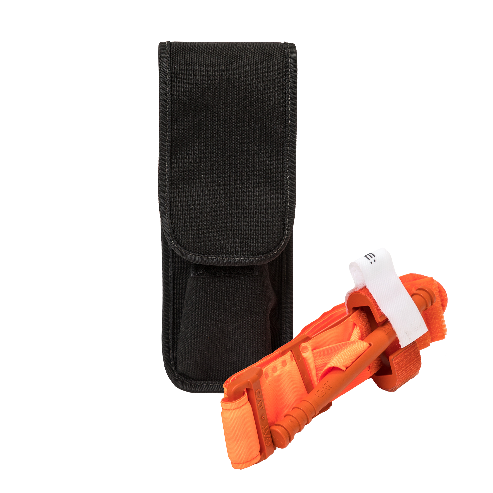 Tourniquet holster displayed with orange tourniquet