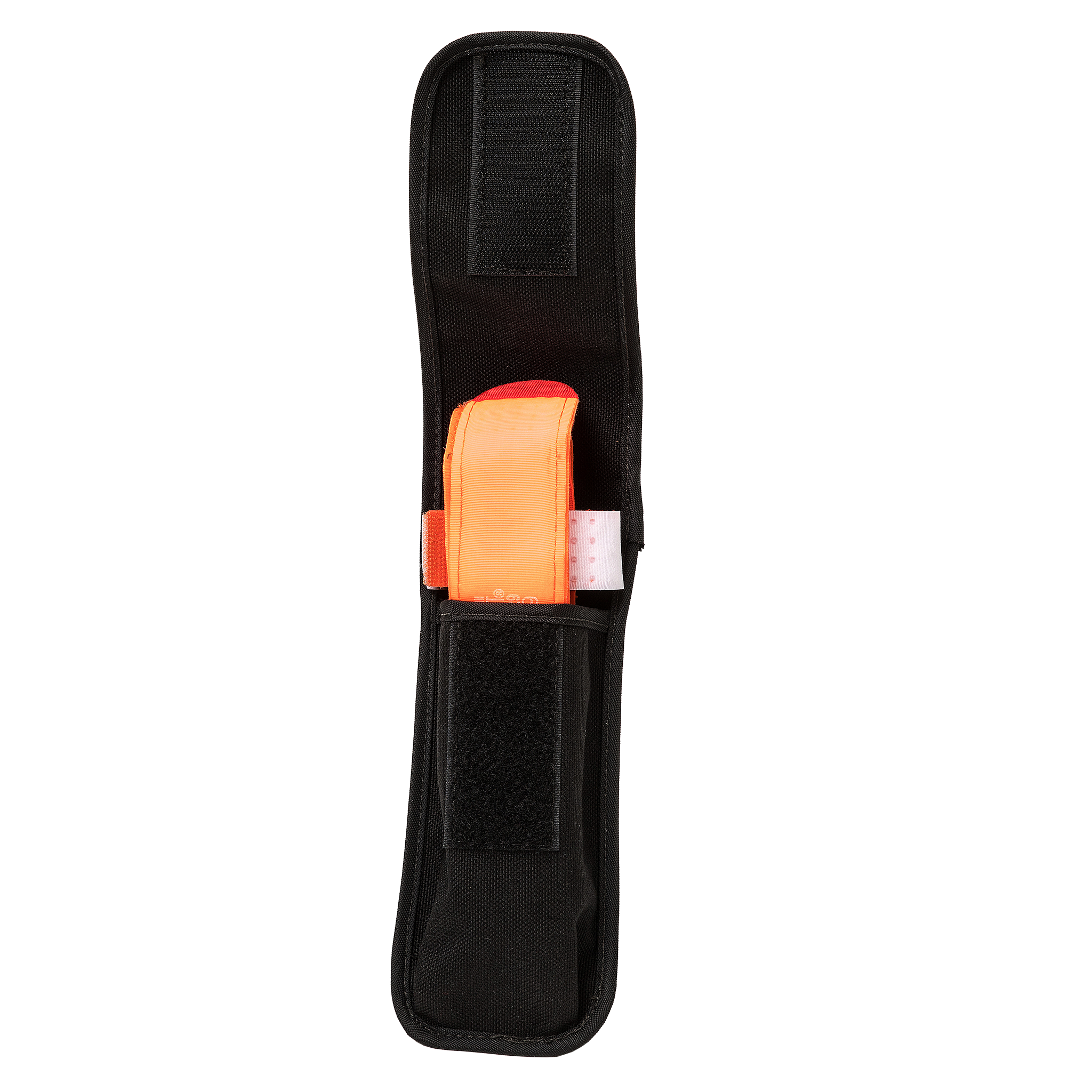 Open Tourniquet holster displayed with orange tourniquet inside holster