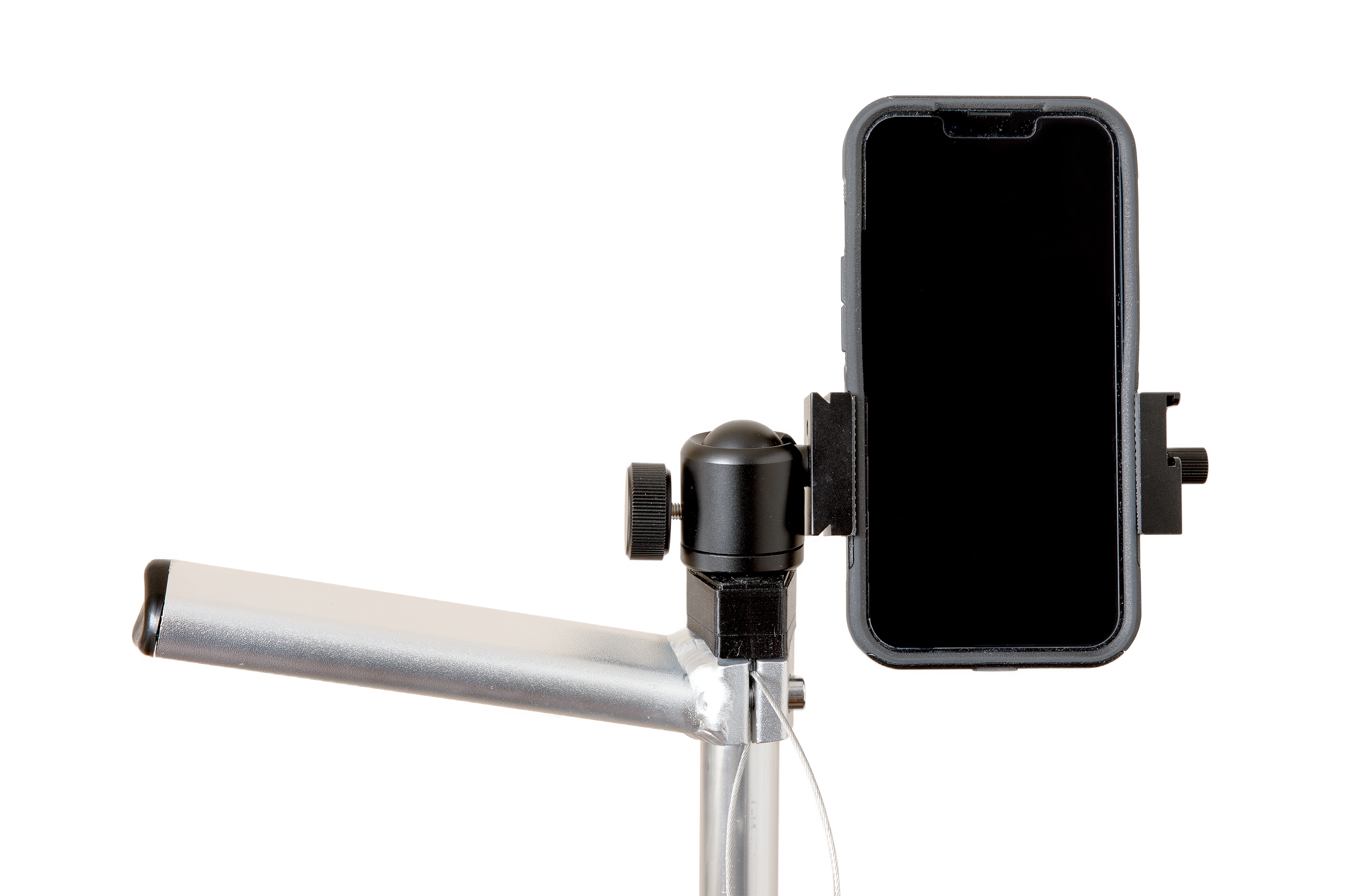 close up of the s3 cell phone mount for gun carts holding a phone
