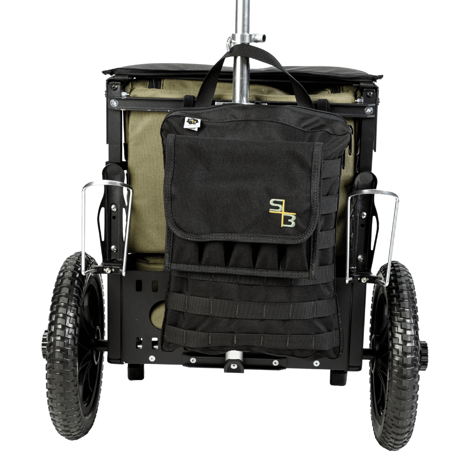 Back Office - Molle dump pouch displayed on the back of S3 Range Cart with embroidered S3 logo.