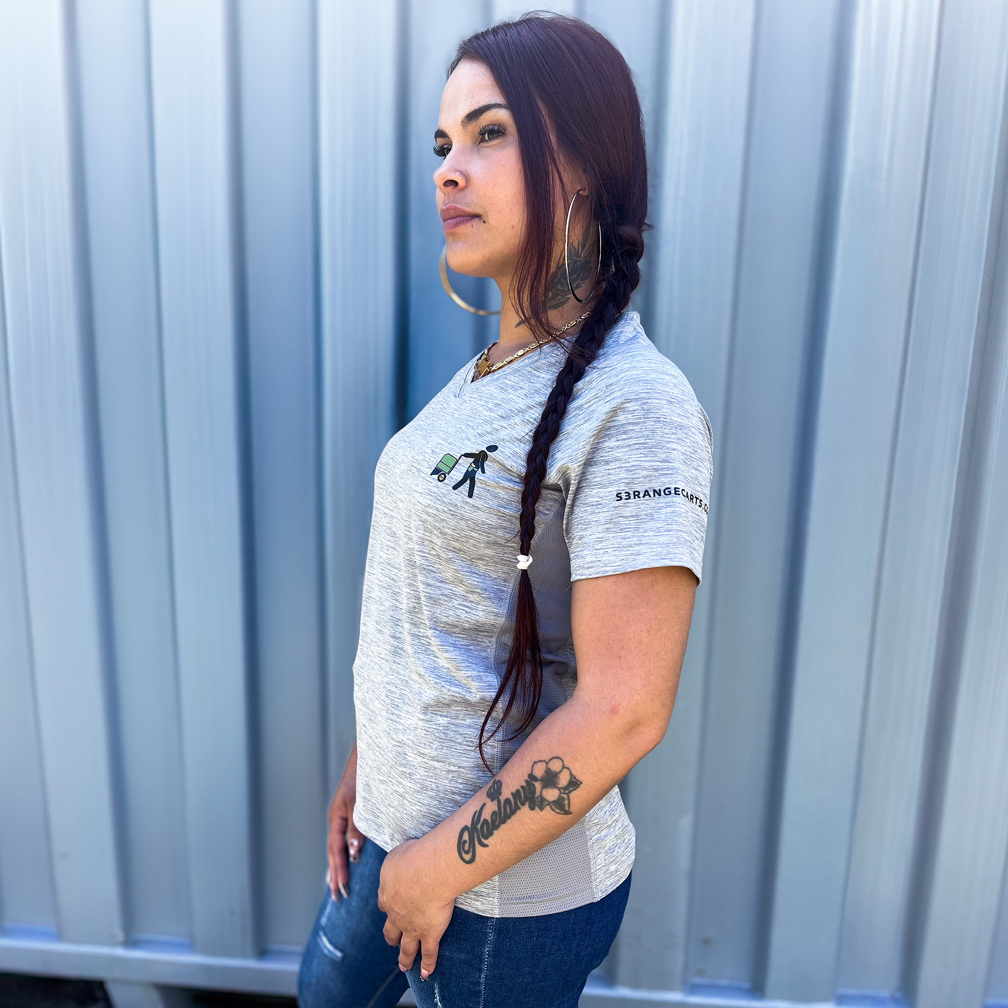 Women's S3 Performance Tee With Coolcore® gray displayed on model looking at front