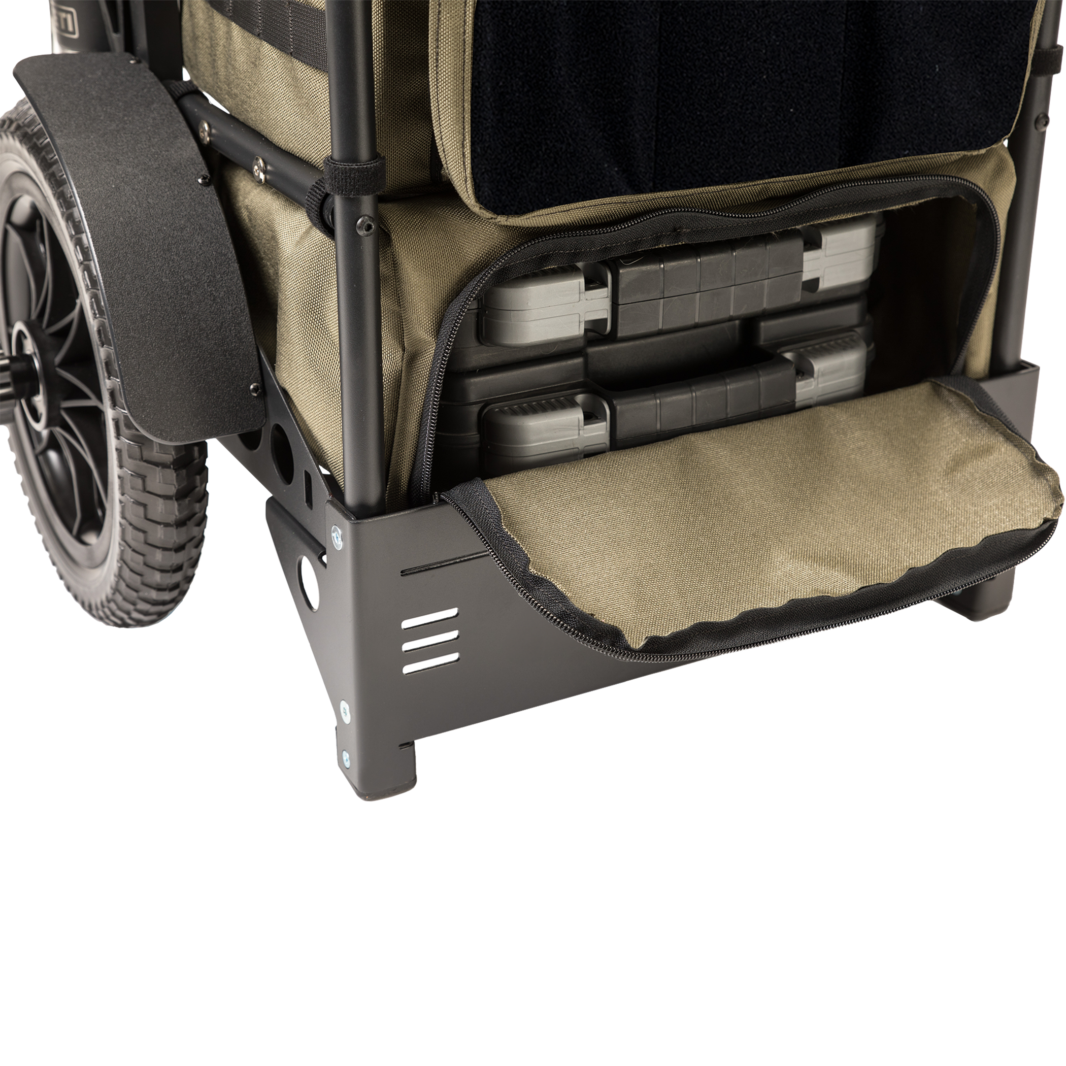 S3 Range Cart Rugged Caddy close up of bottom compartment with flap open