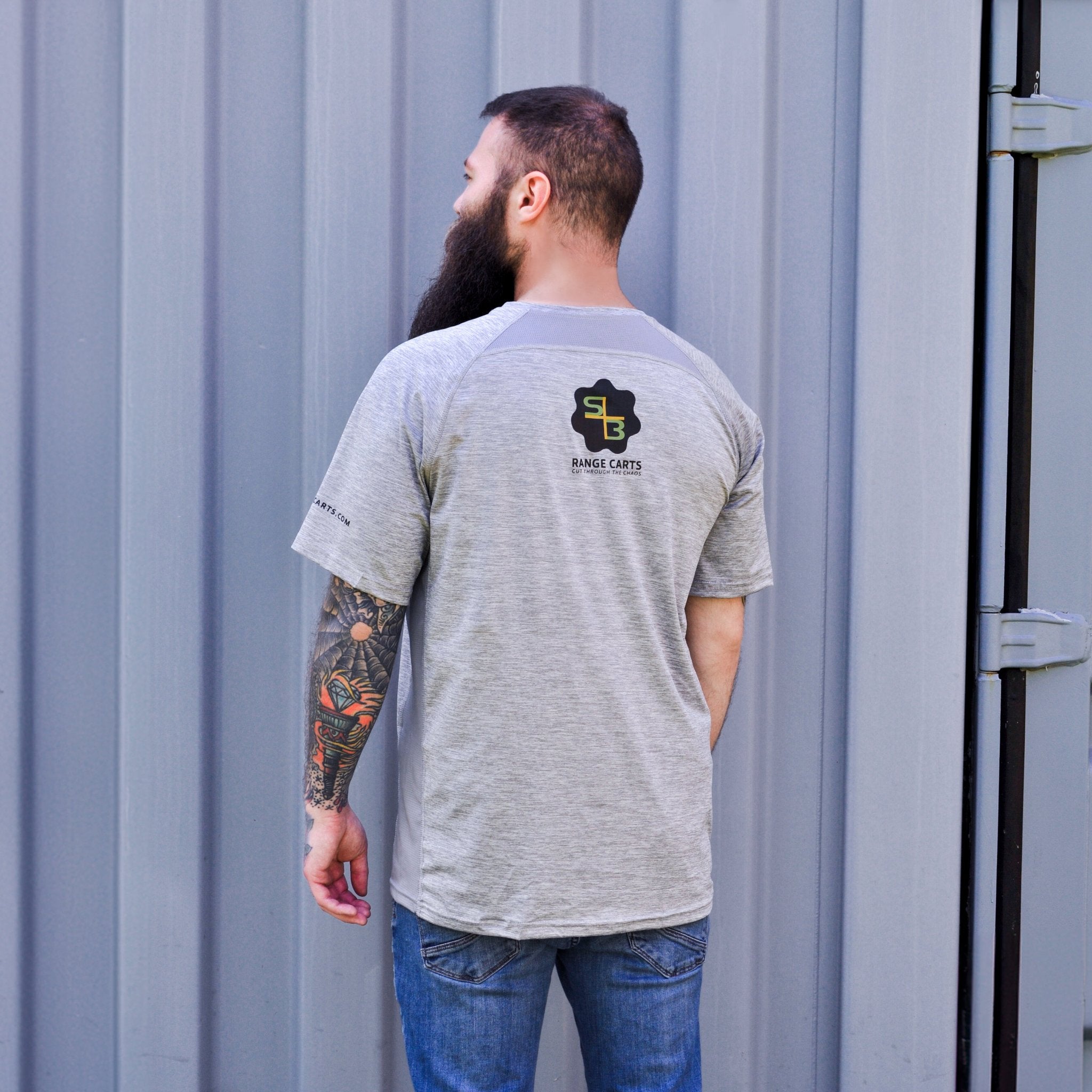 Men's S3 Performance Tee With Coolcore® gray back view displayed on model
