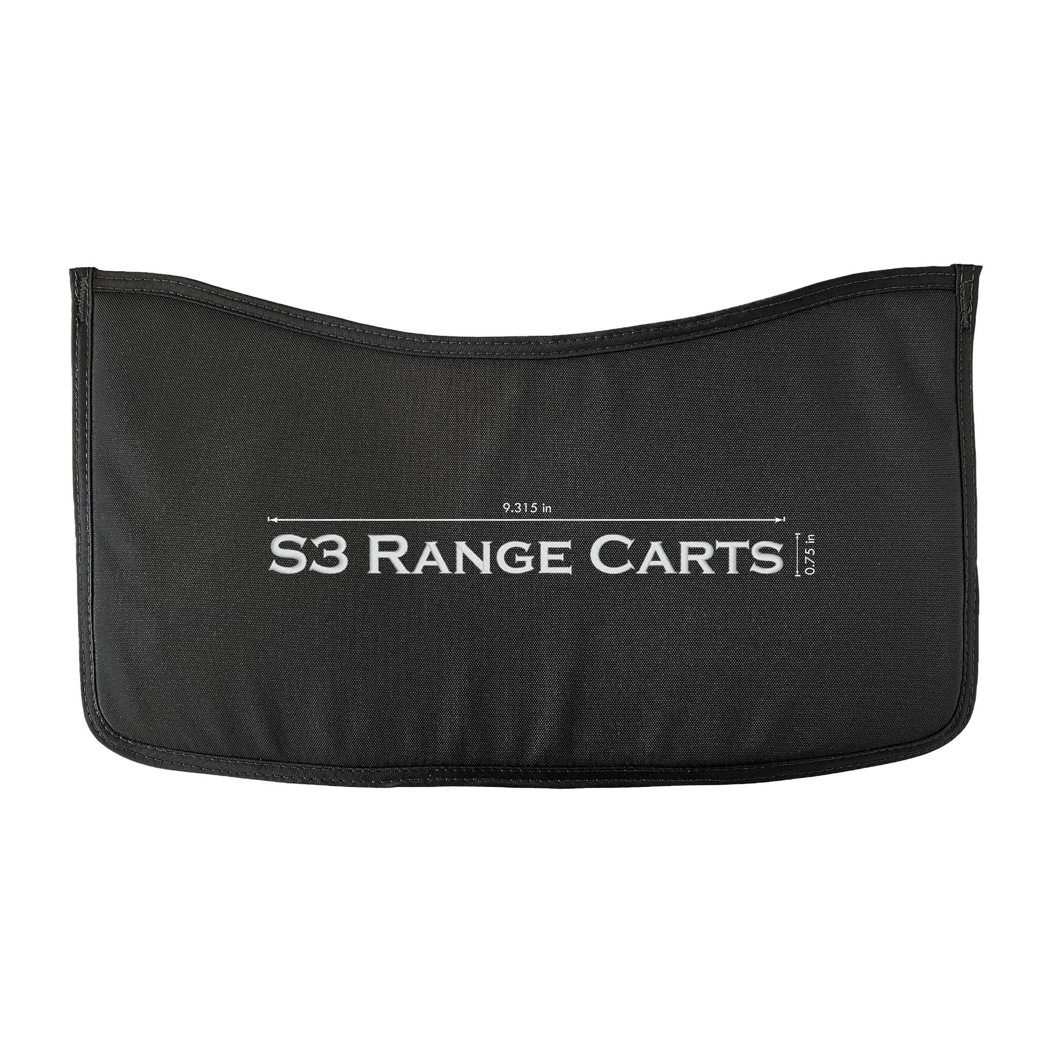 Black seat cover with white 'S3 Range Carts' embroidery, and embroidery  measurements reading 9.315" x .75"