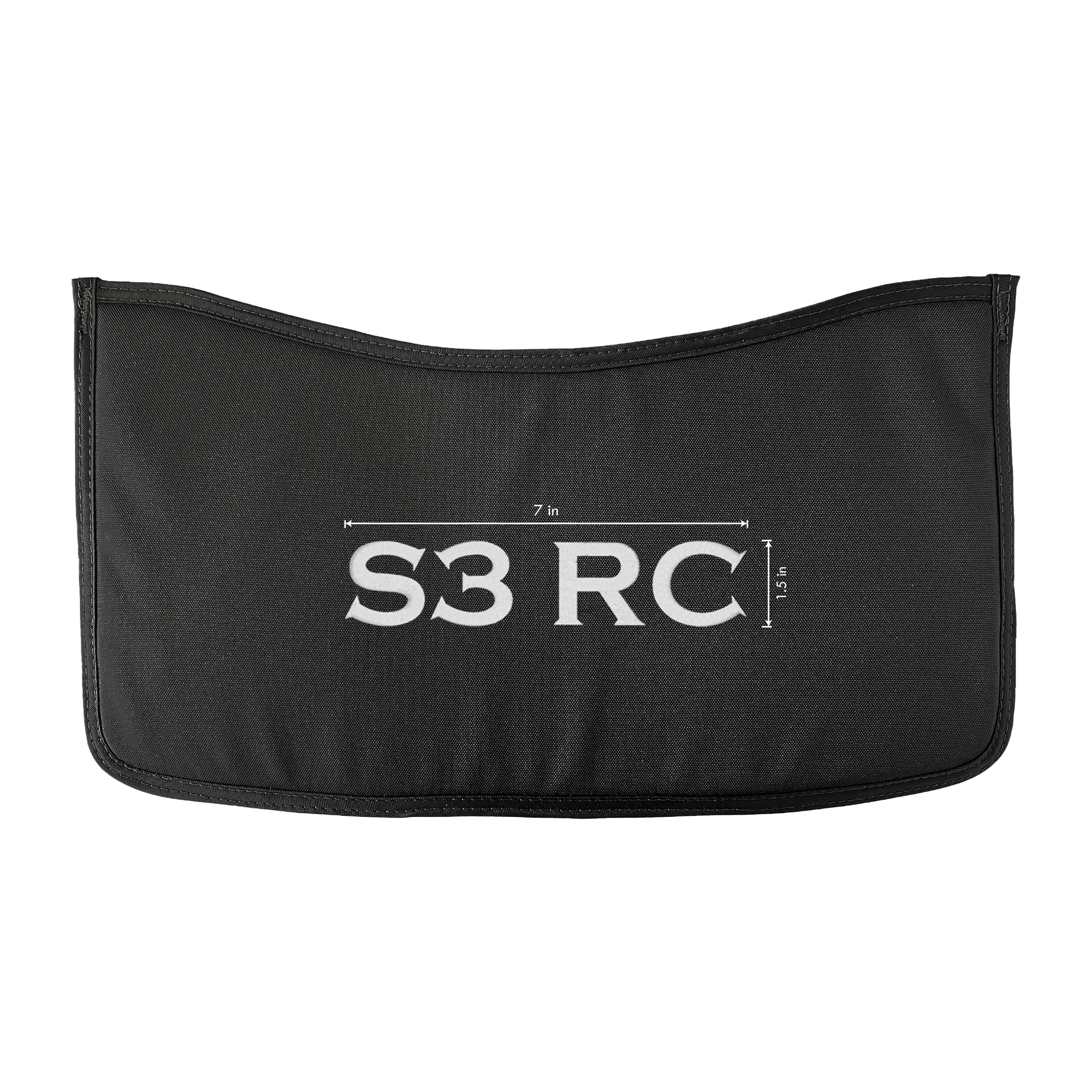 Black seat cover with white 'S3 RC' embroidery, and embroidery  measurements reading 7" x 1.5"