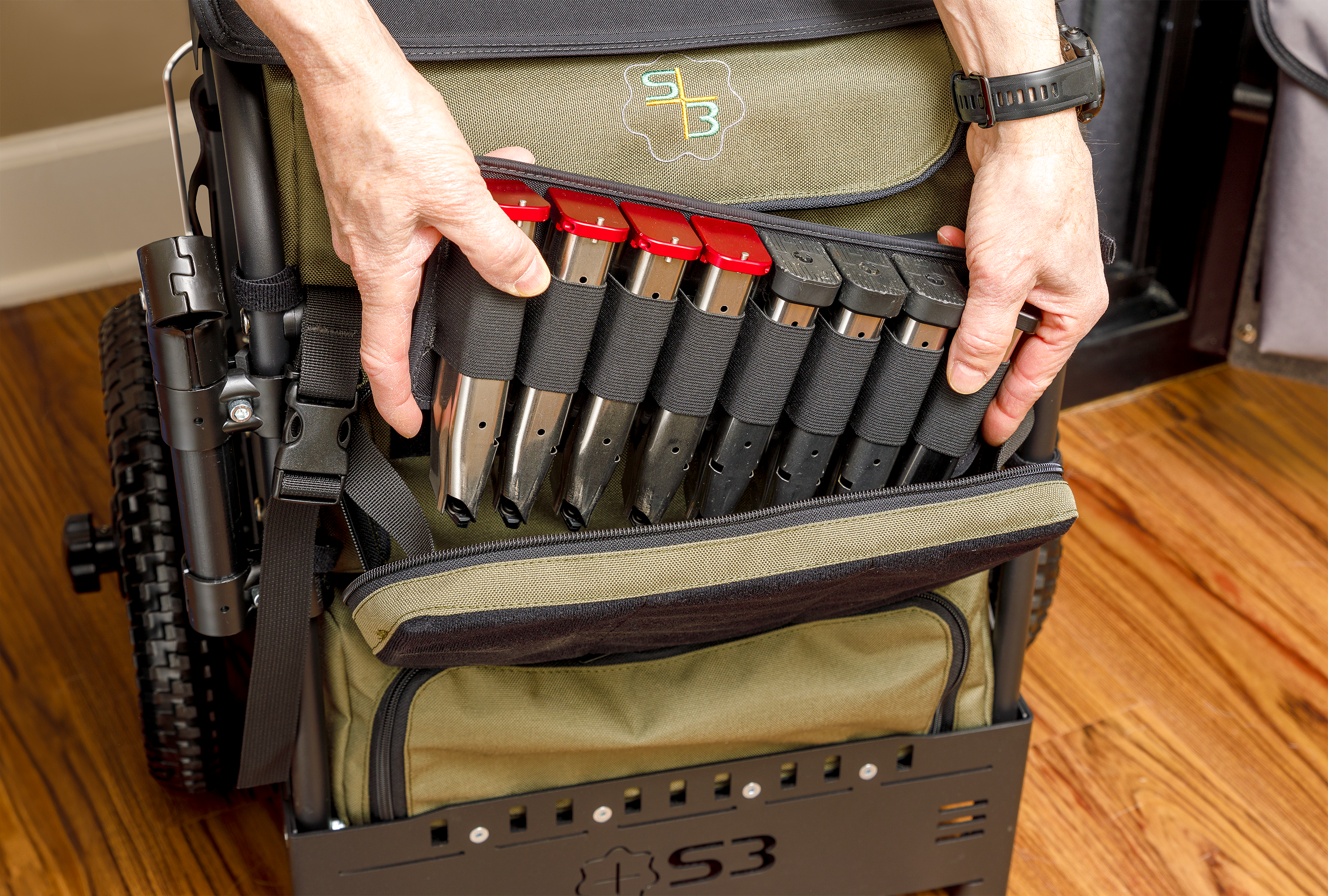 Removable magazine panels in S3 Gen 3 Pistol Range Bag in green